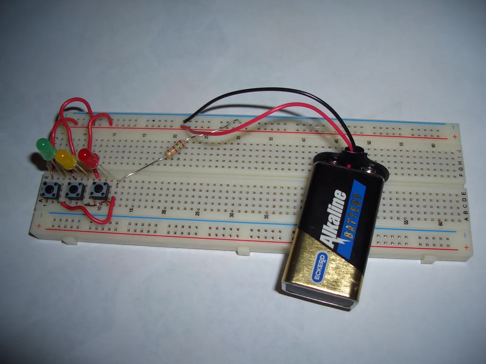LEDs wired up on a solderless breadboard