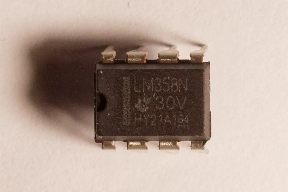 An LM358 dual op-amp IC in a DIP-8 package
