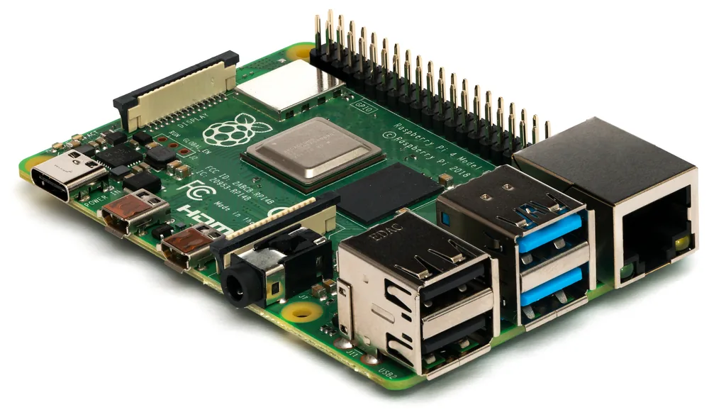 A Raspberry Pi 4 Model B, side view