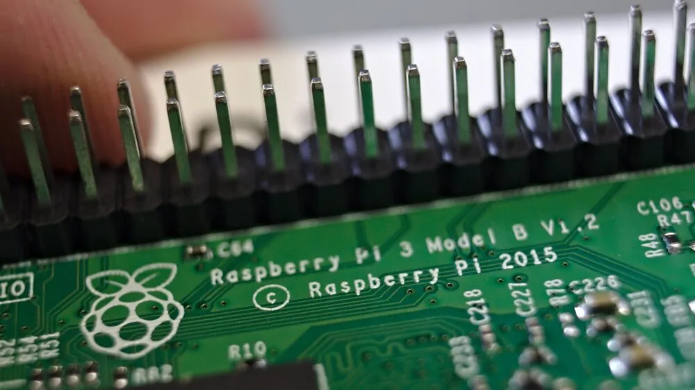 Close-up of a Raspberry Pi 3's 40-pin GPIO header